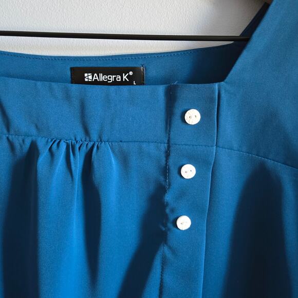 Allegra K. Blue Square Neck Long Sleeve Elastic Waist Button Blouse Shirt - Picture 4 of 7